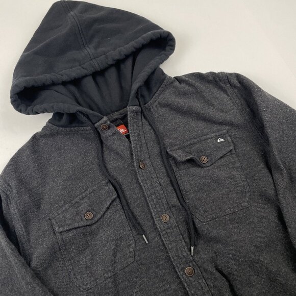 Quiksilver Hooded Flannel Shirt Men’s M Button Up Cotton Drawstrings Black - Picture 1 of 9